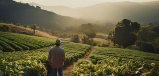 Hombre mirando por encima del campo de café
